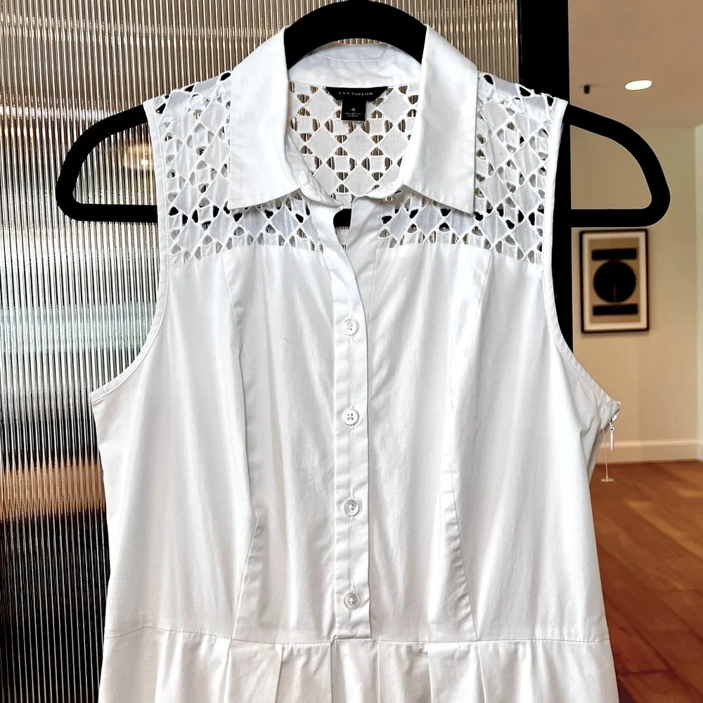 ANN TAYLOR White Eyelet Shirt Dress A-Line Cotton Lace Sleeveless Size 4 Summer - Picture 6 of 17